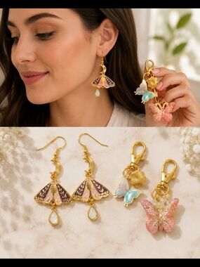 Gold-Tone Enamel Butterfly Drop Earrings with Pink & Purple Accents